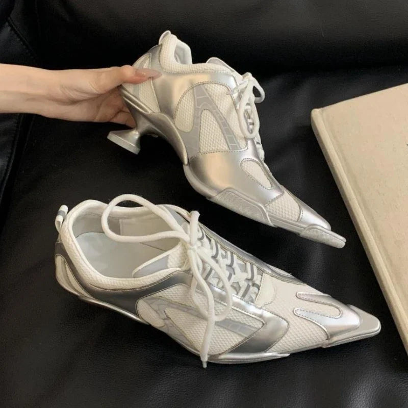 Silver Lace-up Sports Heels Women Fashions Pointed Toe Strange Style Mesh Sneakers Elegant Punk Shoes Female Luxury Brands Pumps LadyShow.Store