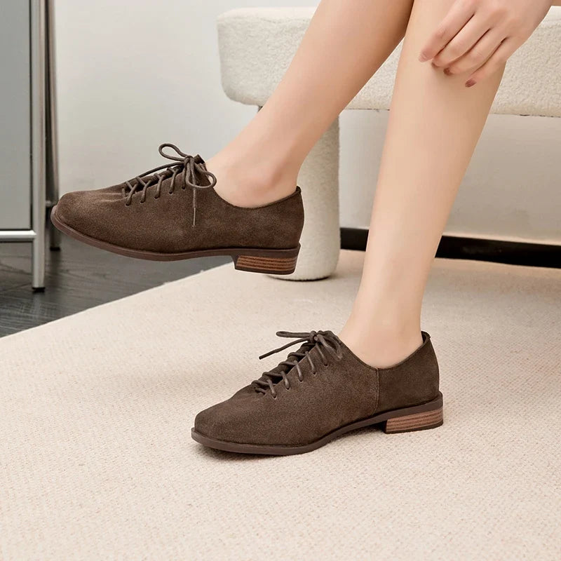 Women Loafer Lace-up 2025 New Spring Shoes Women Suede Genuine Leather Women Oxford Shoes Large Size British Style Women Shoes LadyShow.Store