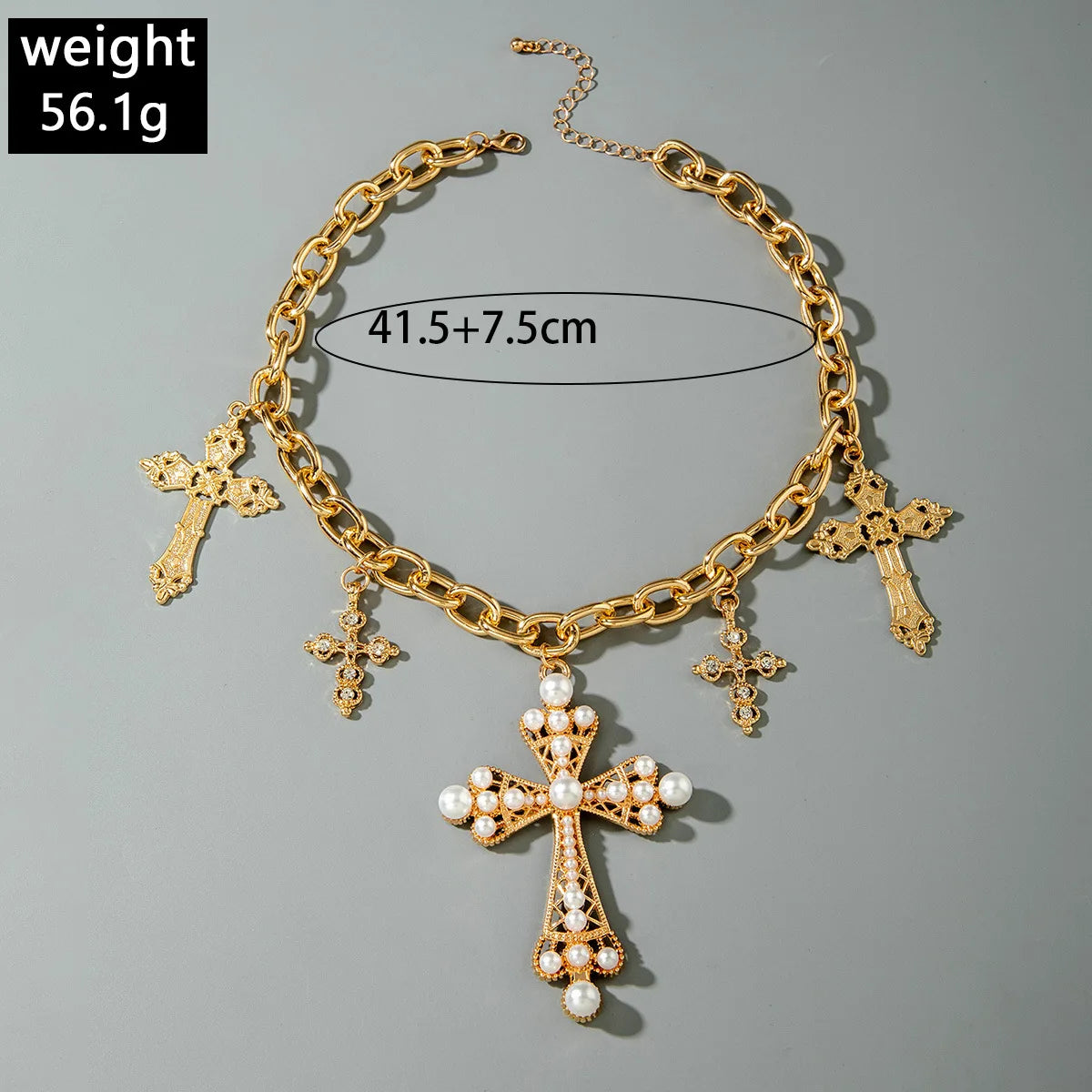 Vintage Creative Imitation Pearl Big Cross Pendant Necklace for Men Woman Luxury Rhinestone Choker Adjustable Chain Jewelry Pi-Mart