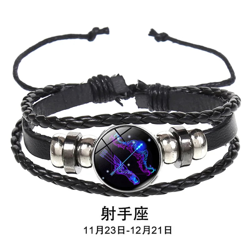 12 Constellation Zodiac Sign Charm Luminous Bracelets Men Women Vintage Multilayer Wrap Leather Chain Bangle Birthday Jewelry Pi-Mart