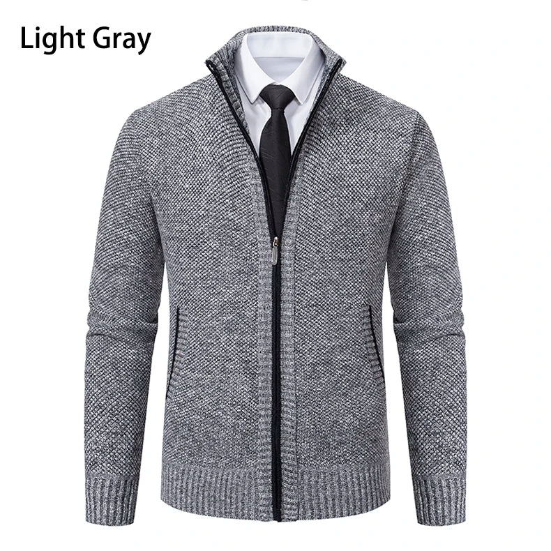 Autumn And Winter New Jersey Men's Casual Sports Coat Solid Color Stand Collar Wweater Grab Fleece Warm Zipper Cardigan Pi-Mart