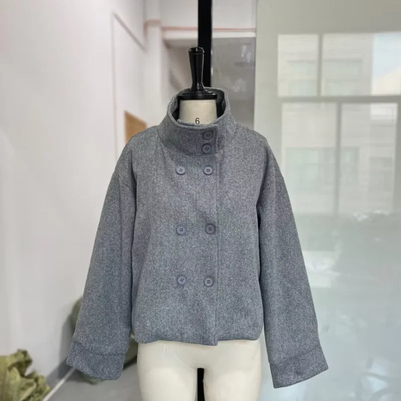Fashion Short Woolen Coat For Women Stand Collar Full Sleeve Loose Zipper Jacket Female 2025 Spring Autumn Solid Lady Outwear LadyShow.Store