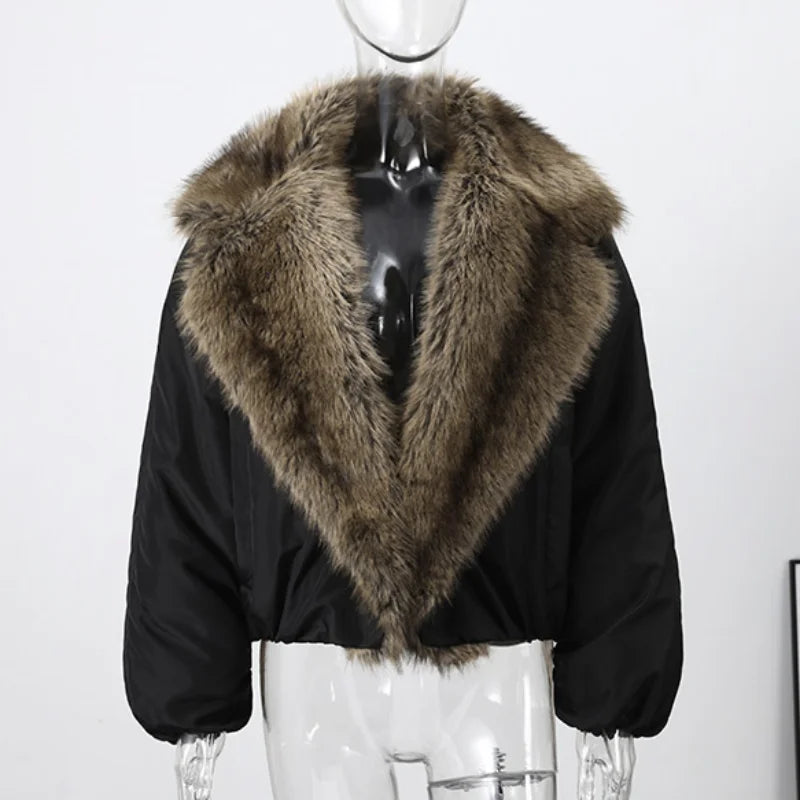 Fashion Faux Fur Patchwork Cotton Coat Women Lapel Zipper Pocket Cropped Street Warm Jacket 2026 Winter Lady Puffer Jackets New Pi-Mart