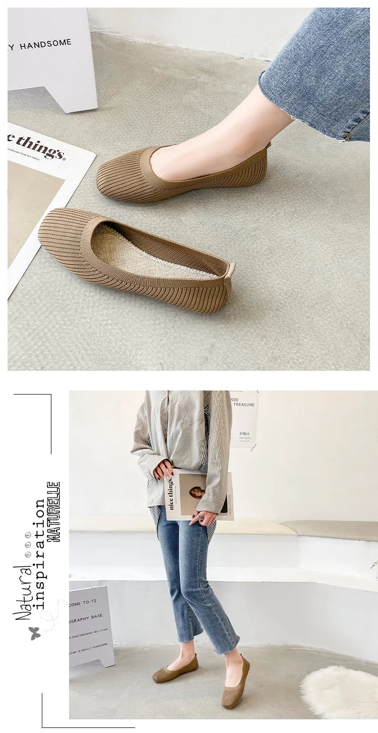 Women Leisure Flats Summer Autumn Flat Shoes Breathable Knitted Square Toe Slip-on Female Daily Walking Driving Loafers Pi-Mart