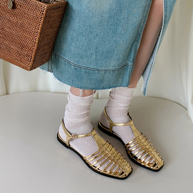 JOZHAMTA Size 34-43 Women Flats Sandals  Fashion Summer Shoes Real Leather Casual Sexy Round Toe Party Daily Dress Sandals Pi-Mart