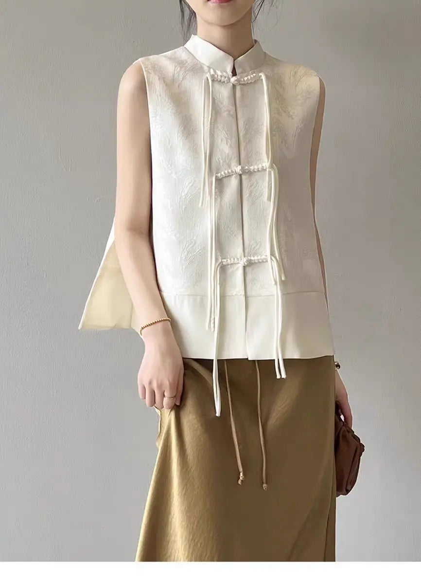 2026 spring new chinese new style plate buckle waistcoat jacket jacquard stand collar sleeveless retro women cheongsam waistcoat Pi-Mart