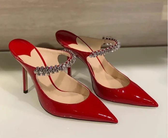 New Fashionable Thin Heel Pointed Water Diamond Mesh Hollow Sandals with Design Sense Half Dragged Muller Shoes ForOuterwear Pi-Mart