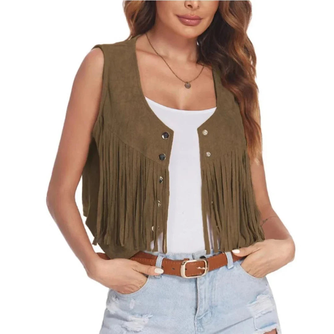 Women Faux Suede Ethnic Sleeveless For Jacket Rivet Fringe Tassels Hippie Open Front Cardigan Vintage Cowgirl Waistcoat Vest LadyShow.Store