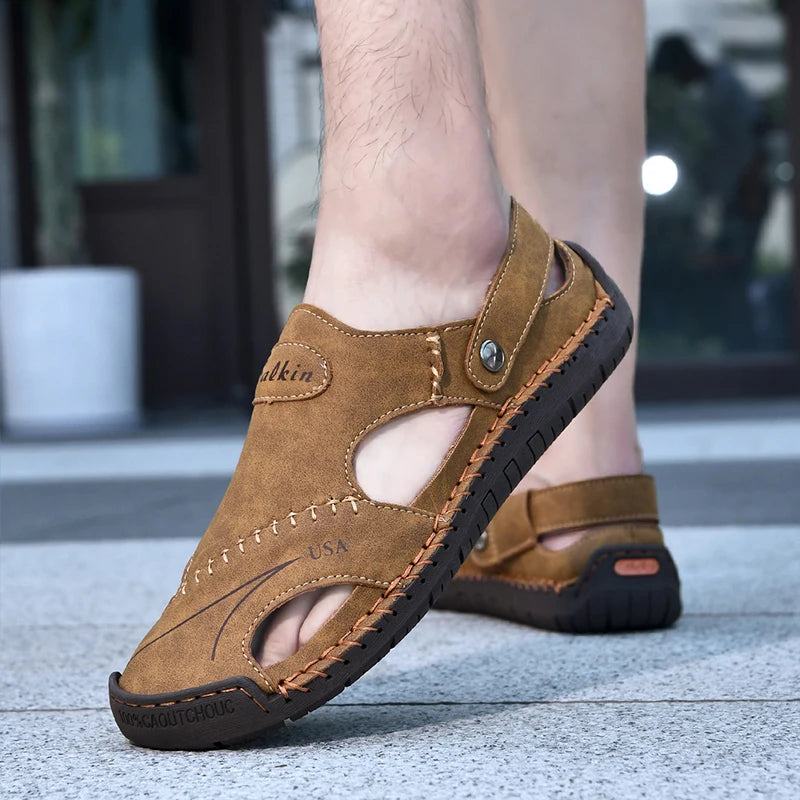 New Handmade Summer Sandals Men Breathable Leather Shoes Man Outdoor Men Sandals Antiskid Beach Sandals Hollow Shoes Fashion Pi-Mart