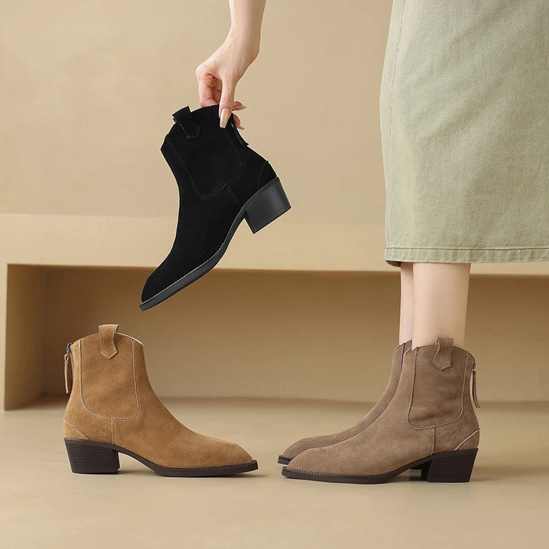 New 2025 Trend Autumn Winter Cow Suede Women Western Boots Black Brown Khaki Purple Green Burgundy Pointed Toe Lady Ankle Boots Pi-Mart