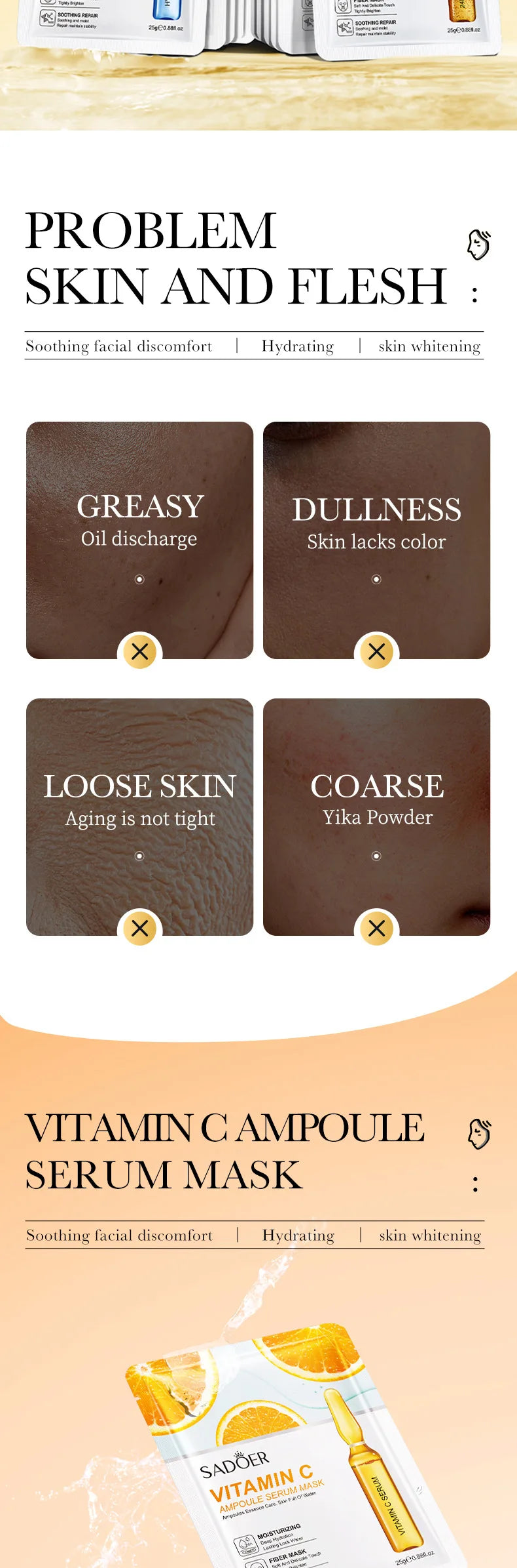 10pcs SADOER 24K Gold Vitamin C Hyaluronic Acid Face Mask Facial Moisturizing Firming Hydrating Facial Masks Skin Care Products Pi-Mart