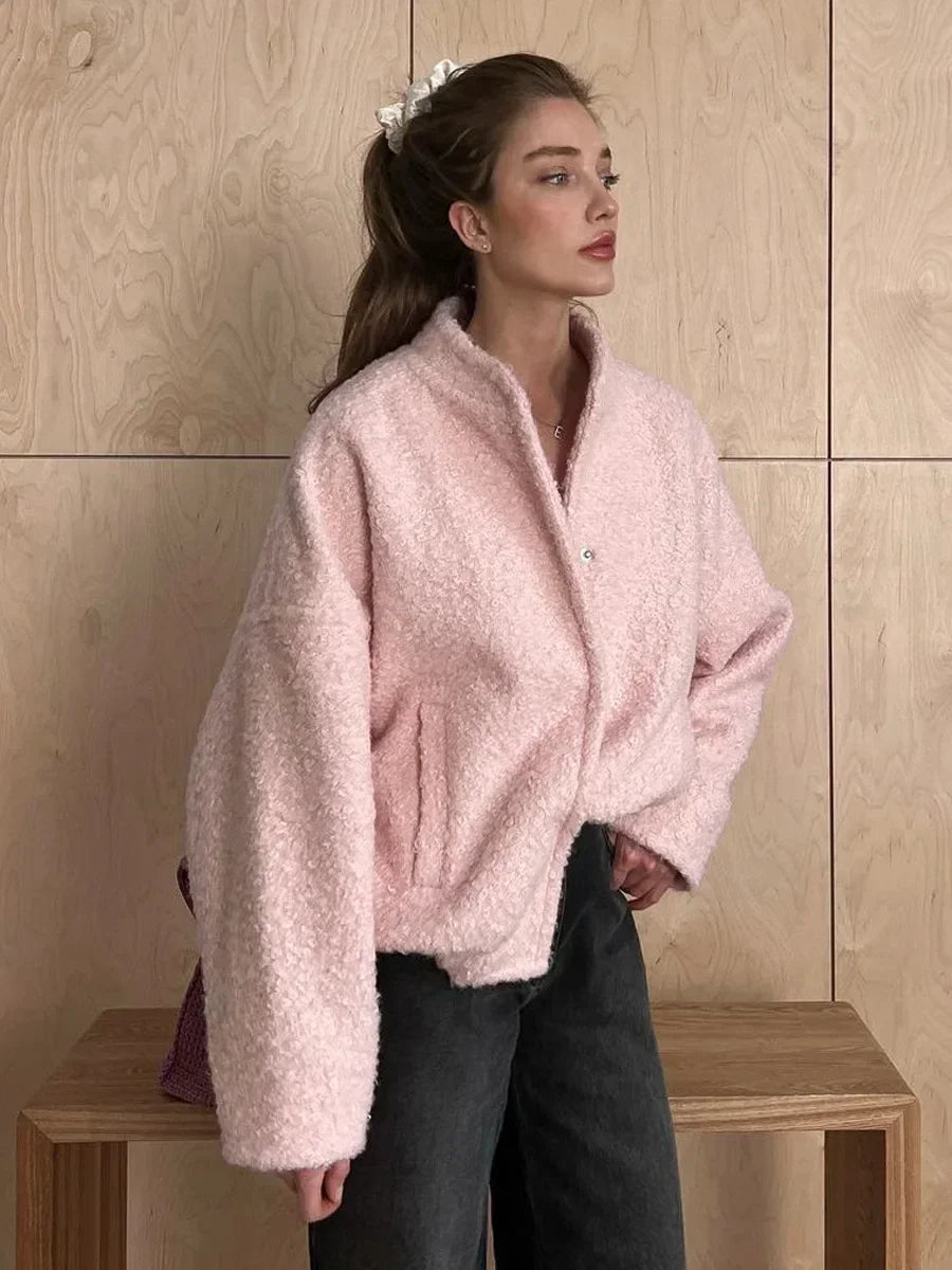 Talenza Women's Pink Short Fur Jacket Autumn Loose Fashion Long Sleeve Jacket Top Casual Stand Collar Pocket Button Warm Jacket LadyShow.Store