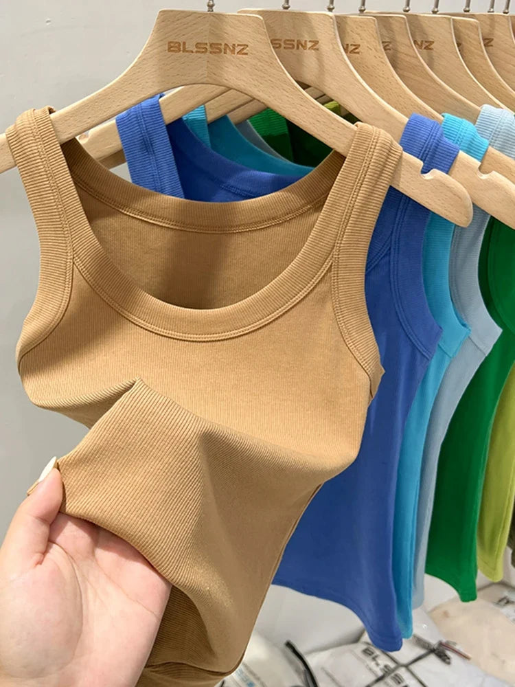 zjaiss Women Solid Round Neck Ribbed Tank Top Camisole Women 2026 Summer Basic Elastic Tank Top O Neck Solid Tank Top Tri Light Beauty