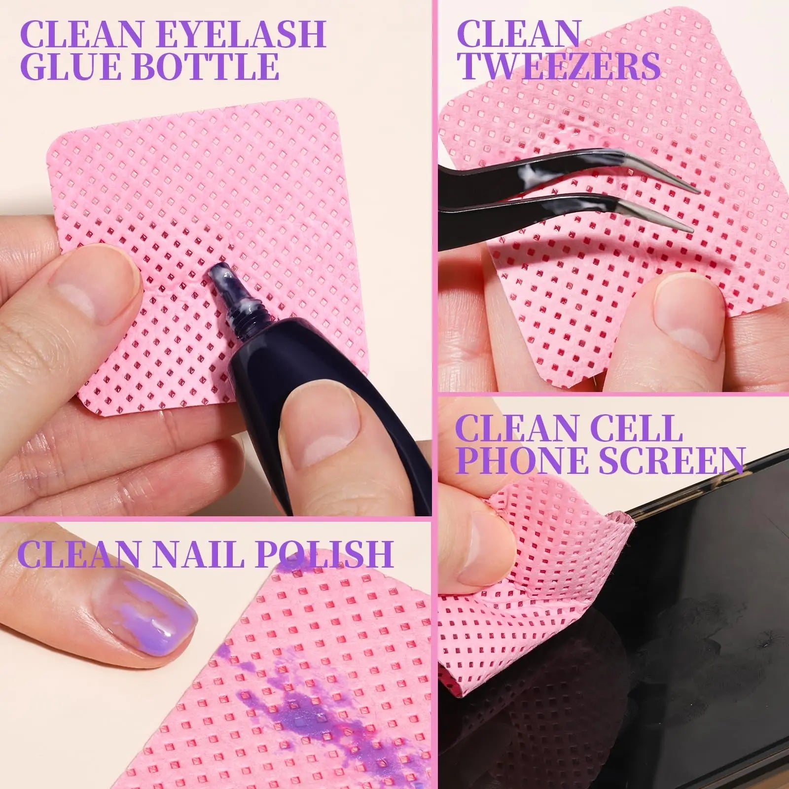 50Pcs Lint Free Nail Wipes Eyelash Extension Glue Wipes Cleaner Cloth Non-Woven Fabric Nail Gel Polish Remover Cotton Pads Tri Light Beauty