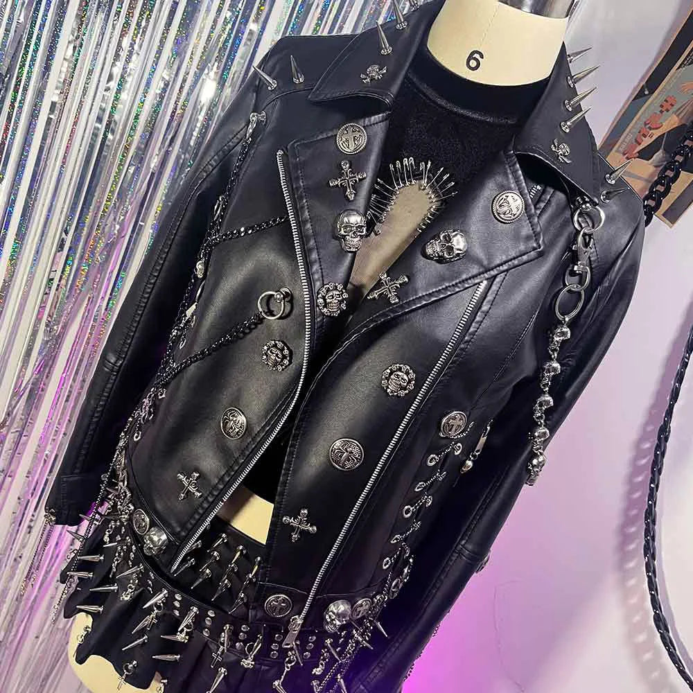 Women's Y2K Goth Black PU Leather Jacket Gothic Boho Emo Clothing with Skull Chain Punk Rock Grunge Rave Festival Coat for Teens Pi-Mart