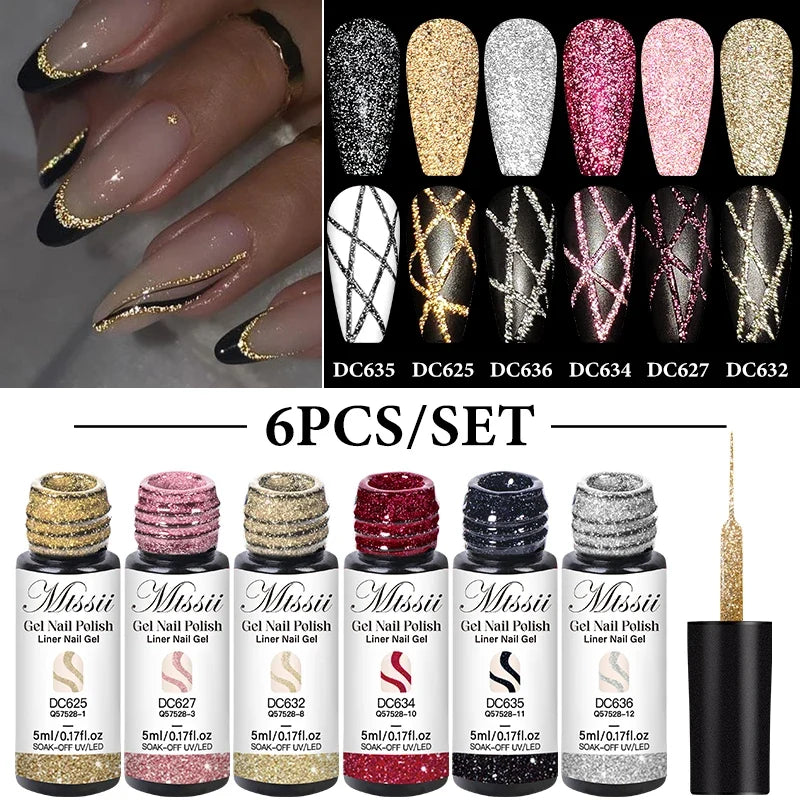 2/4/6pcs Reflective Glitter Liner Gel Nail Polish Set Pull Line Graffiti Painting Stripe DIY French Nails Design Painting Gel Tri Light Beauty
