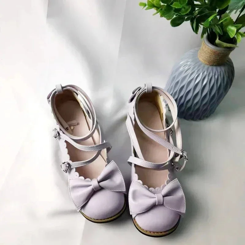 Lolita Shoes Women Flats Low Round With Cross Straps Bow Cute Girls Princess Tea Party Shoes Students Lovely Shoes Size 34-41 LadyShow.Store