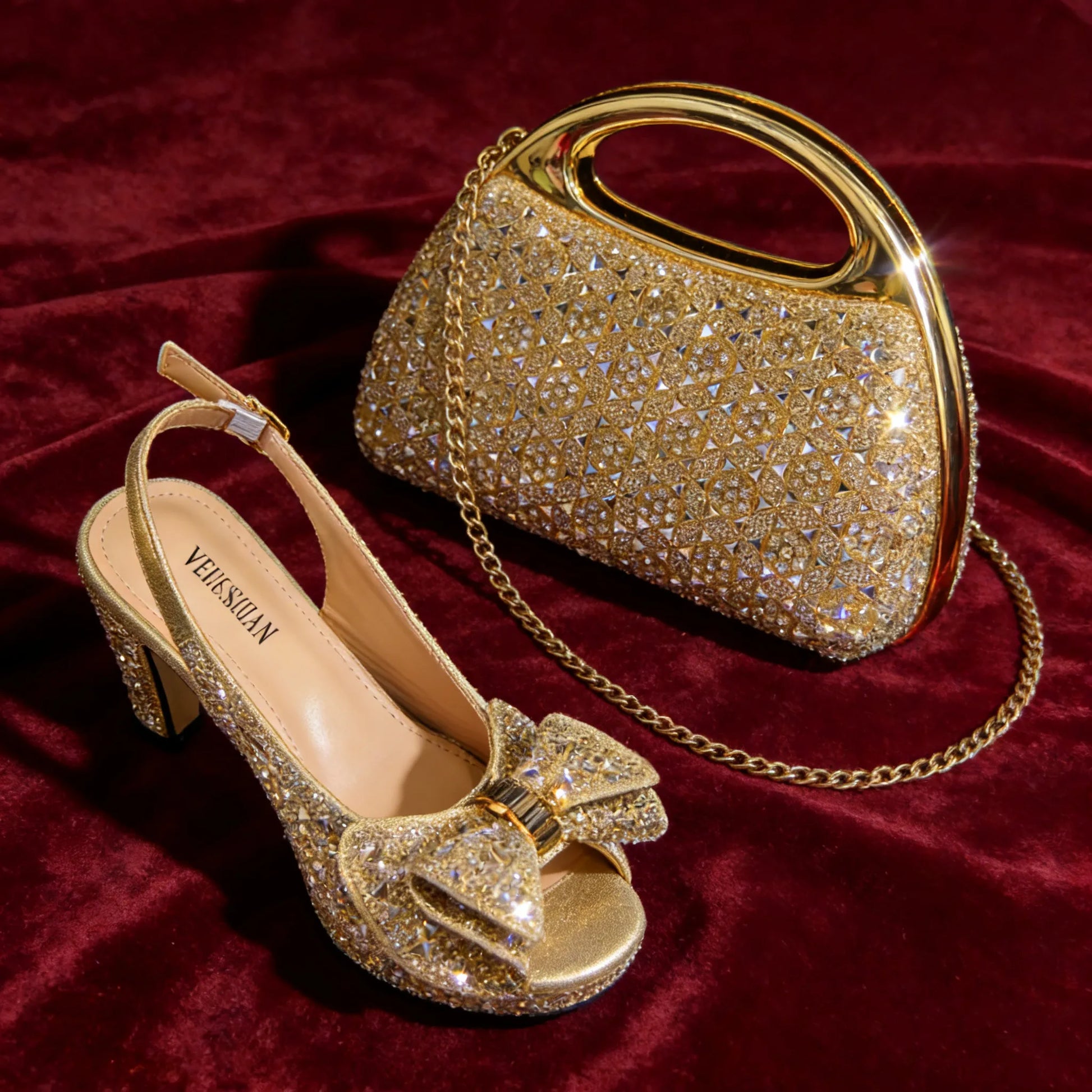 Elegant Italian Women’s Fuchsia Rhinestone Peep-Toe High Heel Sandals and Matching Bag Set – Perfect for Weddings and Parties LadyShow.Store