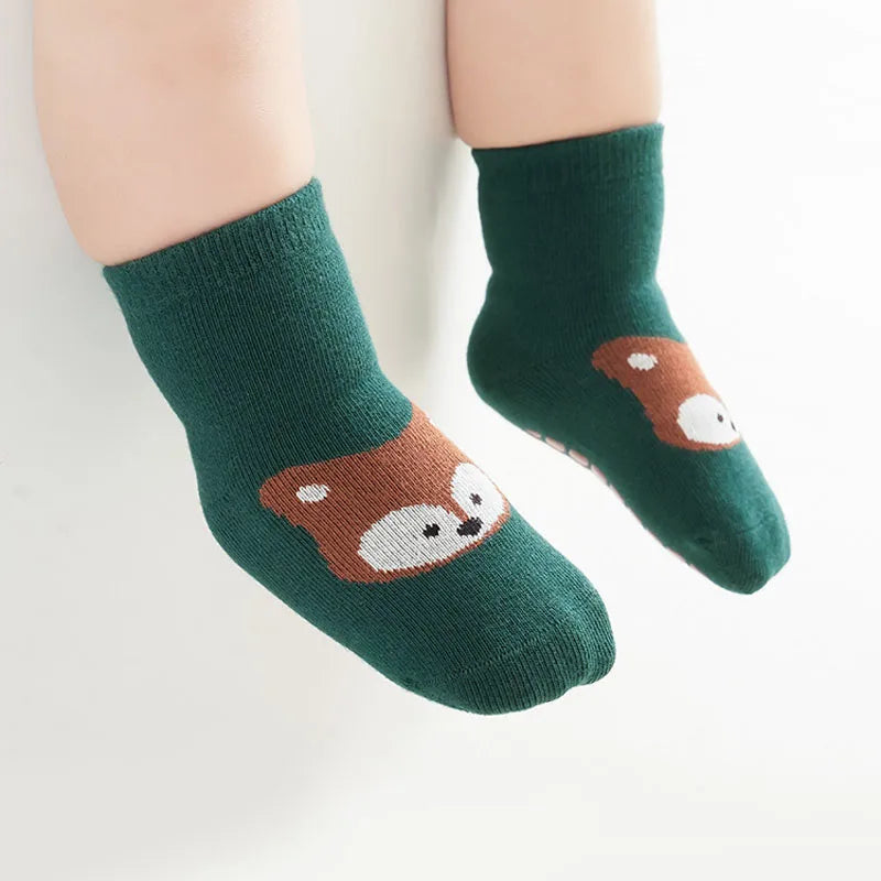 6 Pairs Kids Non-Slip Socks Cute Cartoon Fox and Bear Pattern Childrens Boys Girls Floor Socks Comfortable for Toddler Pi-Mart