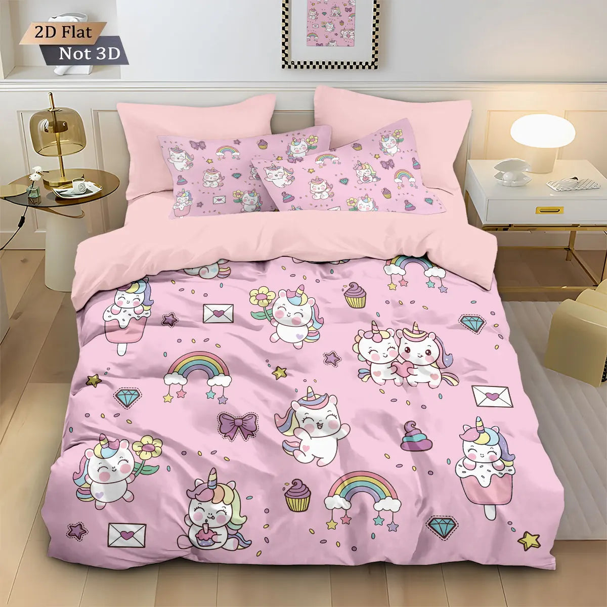 3pcs Cartoon Cute Unicorn Printed Coreless Down Duvet Cover Set, Multi Size Bedroom Bedding Decoration, Machine Washable Pi-Mart