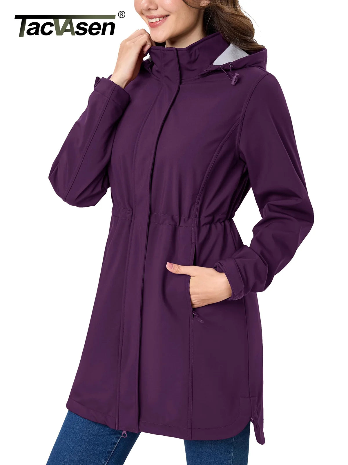 TACVASEN Women's Long Hooded Jacket Fleece Lined Softshell Jacket Waterproof Windproof Hiking Jacket Rain Coat Windbreaker Parka Pi-Mart