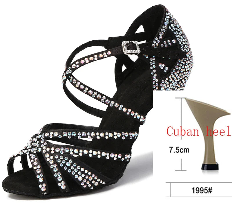 WUXIJIAO Women Party Dance Shoes Satin Shining rhinestones Soft Bottom Latin Dance Shoes Woman Salsa Dance Shoes heel LadyShow.Store