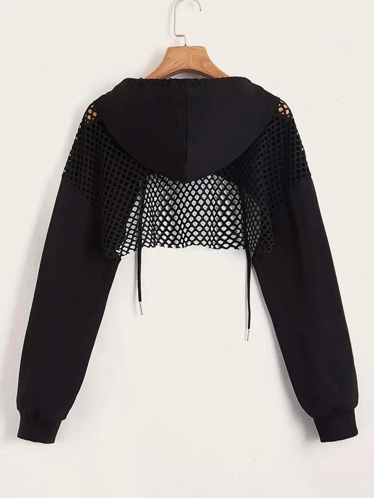 Street Sport Drop Shoulder Drawstring Hollow Out Super Crop Sports Hoodie Without Cami Top LadyShow.Store