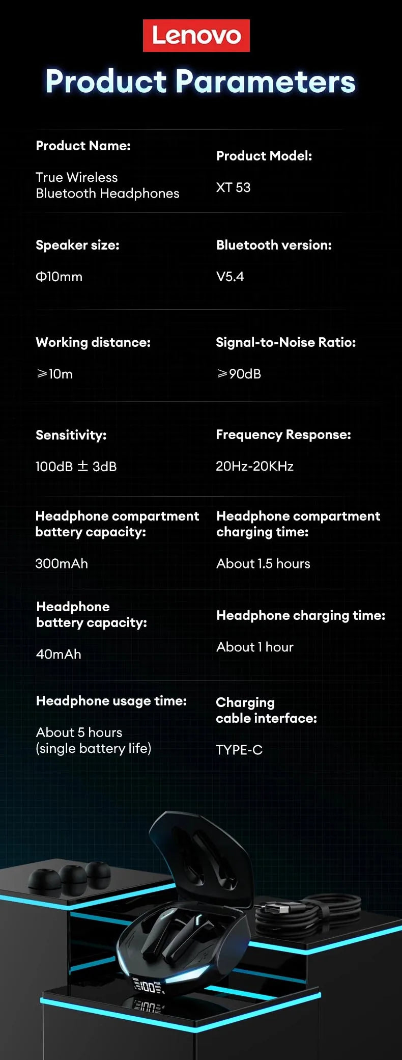 Choice Lenovo XT53 Earphone Wireless Bluetooth 5.4 Headphones Low Latency Gaming Headset Noise Reduction LED Display Earbuds New Pi-Mart