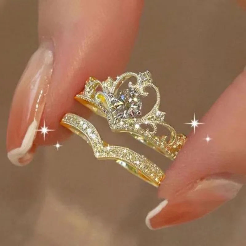 2PCS Fairy Sparkling Crown Rings for Women Teen Crystal Korean Adjustable Silvery Anniversary Gift Party Queen Ring Set Jewelry Pi-Mart