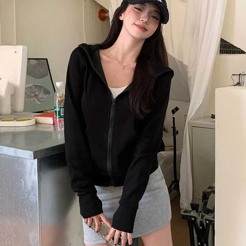 Gray Zipper Hooded Sweatshirt Women 2025 New Korean Slim Fit Cardigan Long Sleeve Coat Woman Solid Pockets Sports Hoodies Jacket LadyShow.Store