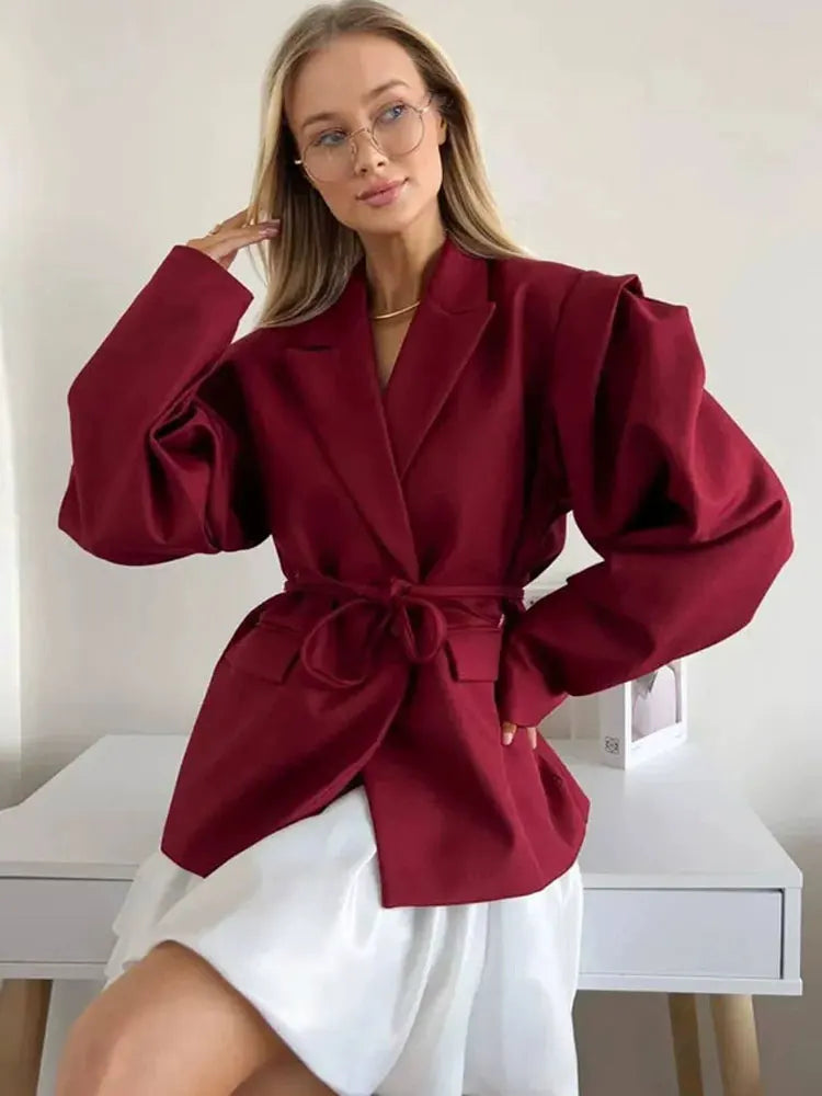 Tossy Elegant Commute Suit jacket Female Lace-Up Loose Pocket Patchwork Lapel Party Looks Outwear For Women Bandage Coat jacket LadyShow.Store