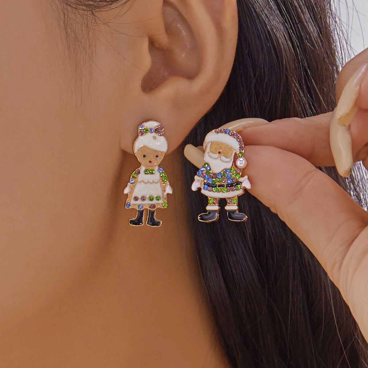 Creative Christmas Grandpa and Grandma Zircon Stud Earrings For Women White Pearl Crystal Snowman Elk Earring New Year Jewelry Pi-Mart