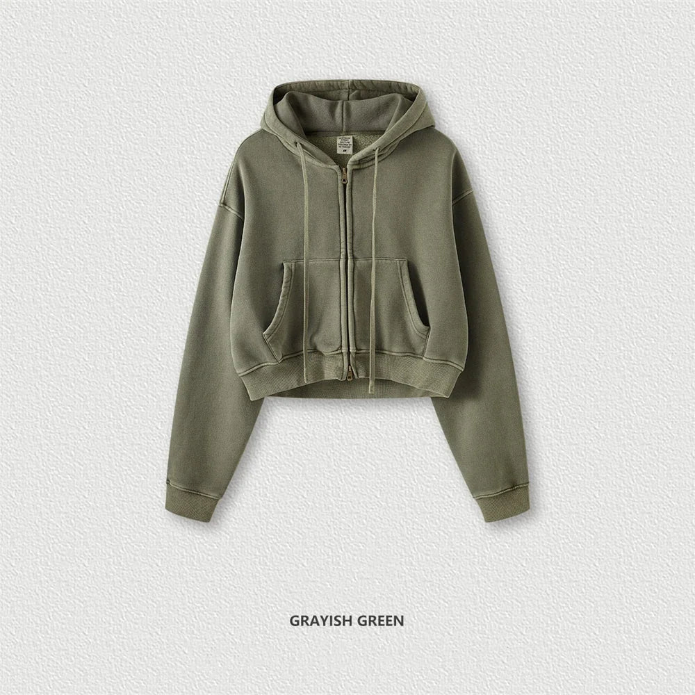 ZODF Retro 2025 Winter Women Short Zipper Hoodies Female Girls Loose 355gsm Thick Fleece Hooded Zip-up Coat Streetwears HY0448 LadyShow.Store