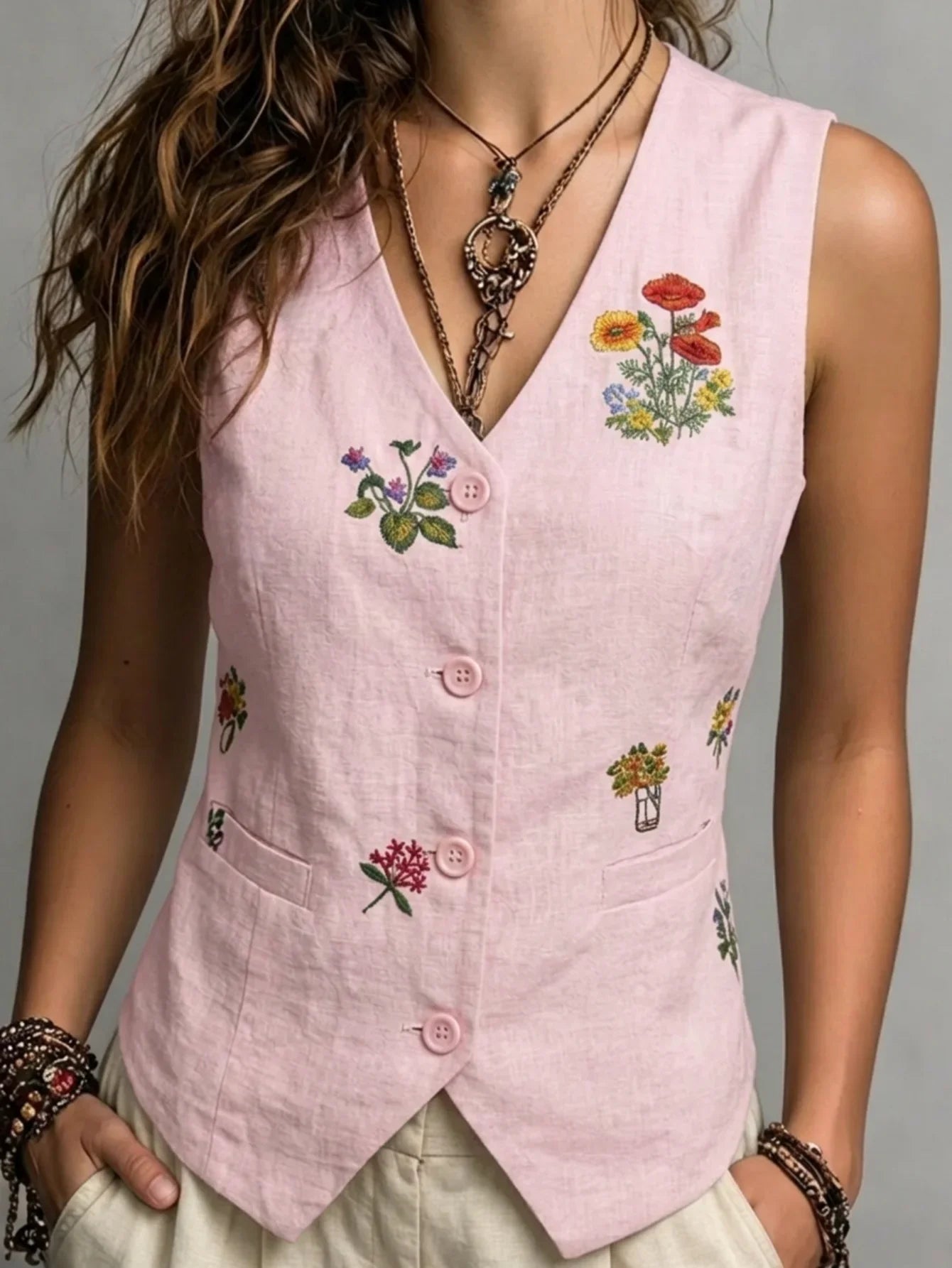 Spring Summer Autumn Linen Gilet with Unique Random Embroidery, Elegant Versatile Commuter Outer‑wear Vest LadyShow.Store