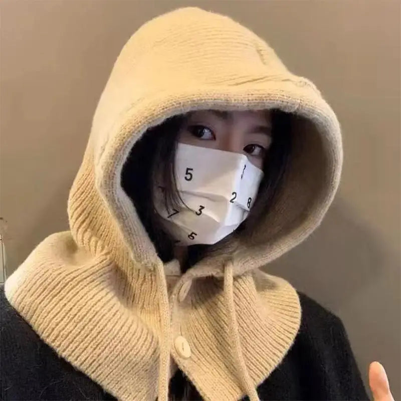 Winter Balaclava Hat Warm Knitted Women's Hood Hat Solid Color One-piece Neck Pullover Cap Outdoor Cashmere Caps Pi-Mart
