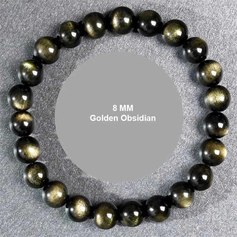Natural Golden Obsidian Stone Beads Bracelet Men Women Golden Light Rainbow Obsidian Raw Stone Round Bead Natural Energy Jewelry Pi-Mart