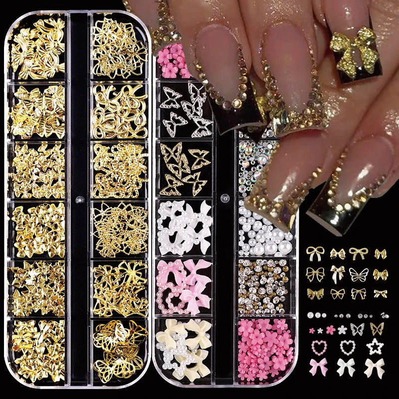 24-Piece 3D Y2K Millennial Nail Art Decoration Set, Assorted Rhinestones, Pearls, Butterfly, Heart & Flower DIY Nail Charms Pi-Mart