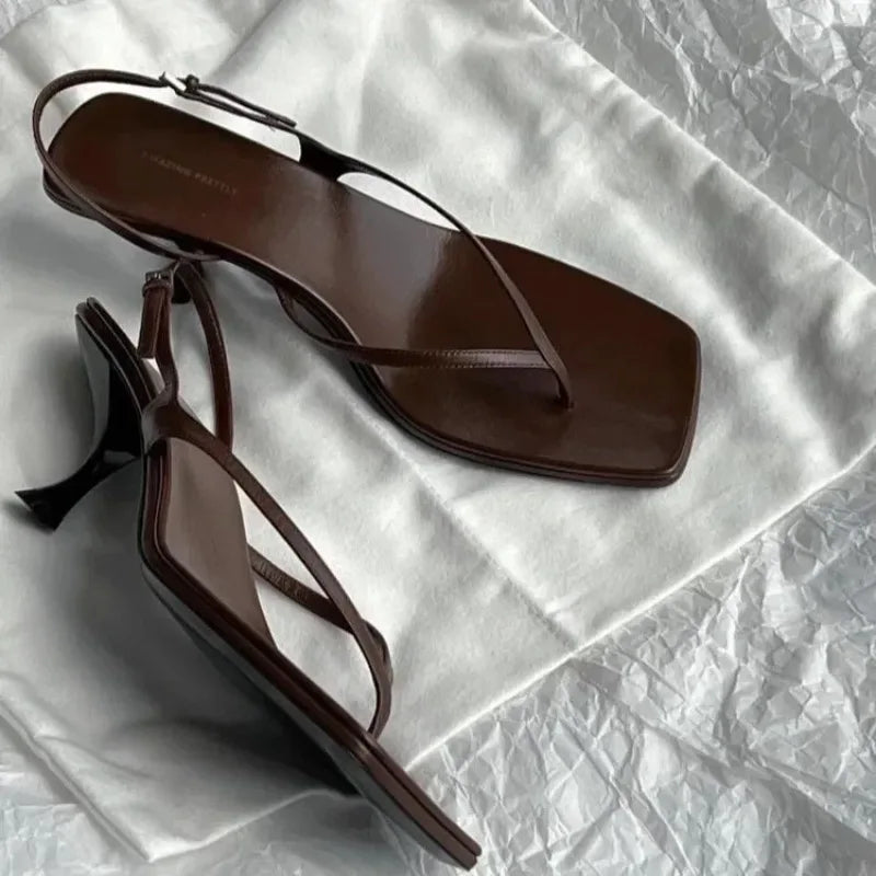 Retro Square Toe Clip Toe Sandals Kitten Heel Back Strap Brown Solid Concise French Style Sexy Fashion Women Shoes Summer Casual LadyShow.Store