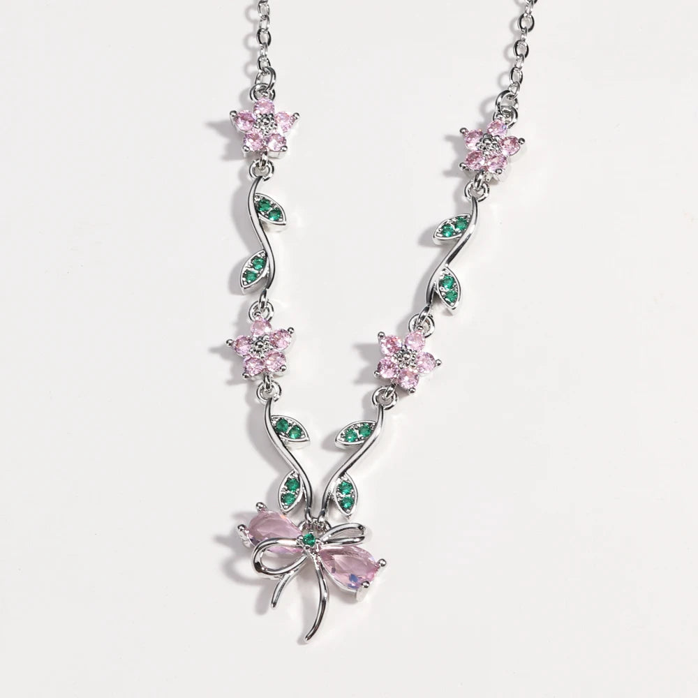 Summer New Fashion Exquisite Bow Leaf Flower Necklace For Women's Elegant Pink Zircon Chain Pendant Jewelry Gifts Pi-Mart