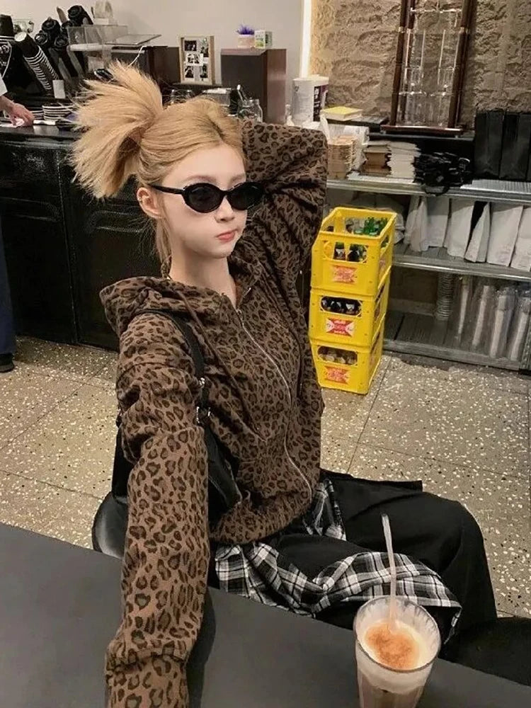 Y2K Leopard Print Hooded Jacket Women Full Zip Drawstring Hood Long Sleeve Loose Fit Streetwear Street Club Ladies Outerwear Pi-Mart