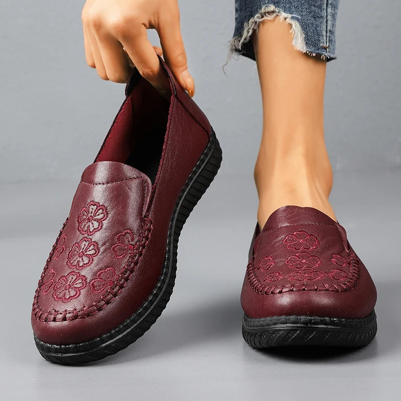Women's Spring Autumn Leather Loafers Floral Embossed Slip‑On Flats Anti‑Slip Comfort Casual Mom Daily Walking Free Shipping Pi-Mart