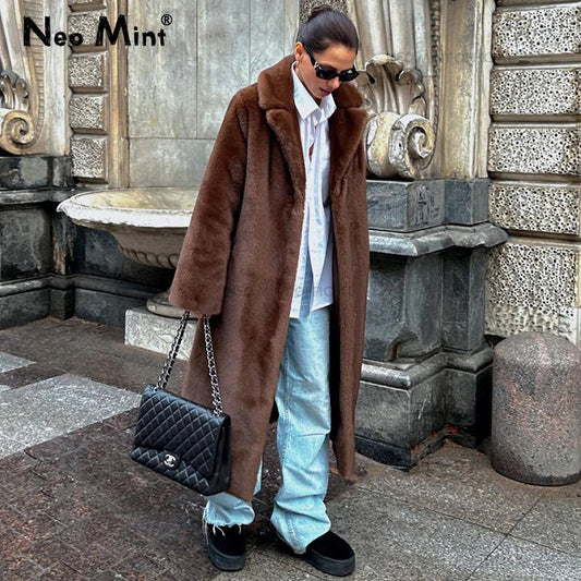 Neo Mint 2024 Winter Luxury Faux Mink Fur Coat Women Iconic Brand Long Outerwear Jacket Crystal Hooks Street Style Warm Overcoat LadyShow.Store