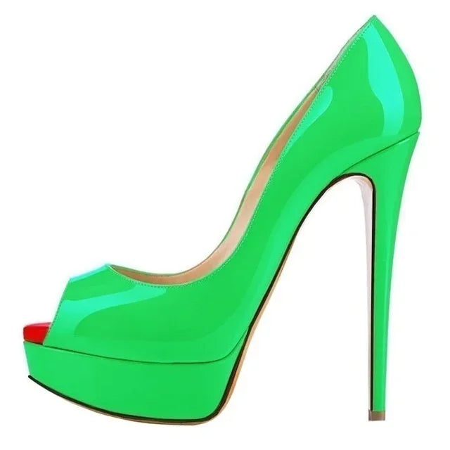 Women Pumps Sexy Platform Peep Toe 14cm Extremely Thin High Heels Stiletto Patent Leather Fashion Party Nighclub Wedding Shoes Pi-Mart