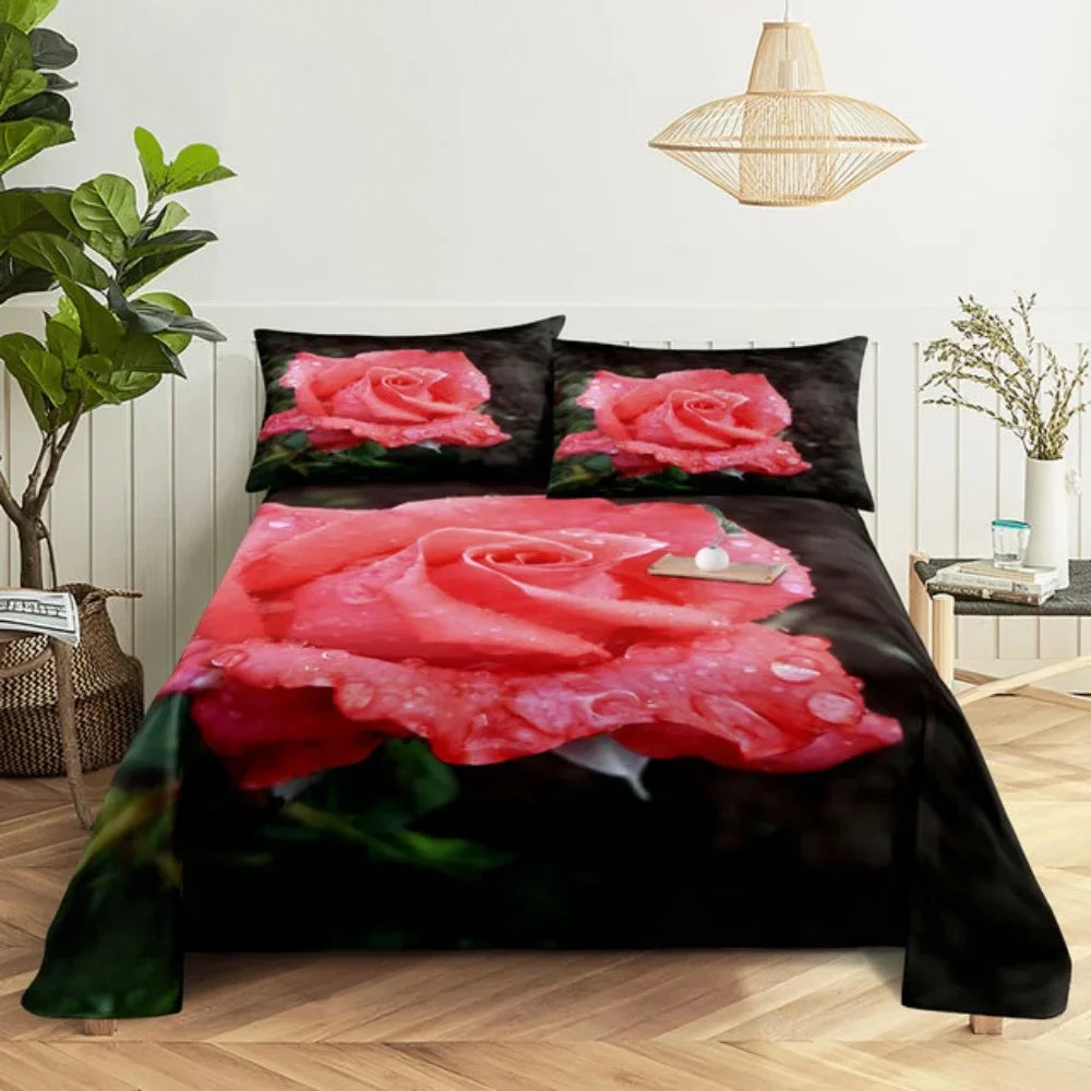 Pink Rose Bed Sheet Sets 3D Print Flowers Bed Flat Sheet for Women Girls King Queen Full Twin Size 2/3pcs Bed Linen Room Decor LadyShow.Store