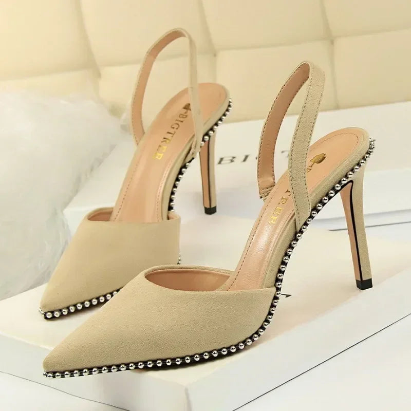 Branded Rivet Studded Beaded Design Sandals Women Summer Sexy Pointed Toe Thin High Heels Elegant Wedding Slide Pumps for Ladies LadyShow.Store