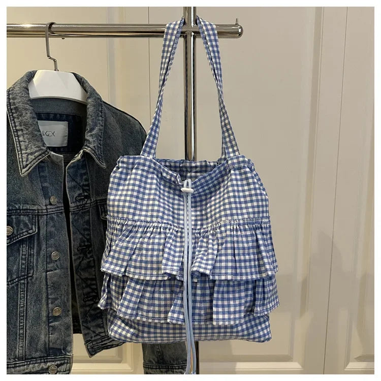 Large Capaci Cute Plaid Cotton Tote Bag  Lace Trim Women's Summer 2025 Simple Lady Handbag Soft Shoulder Bags Bolsa Feminina Pi-Mart