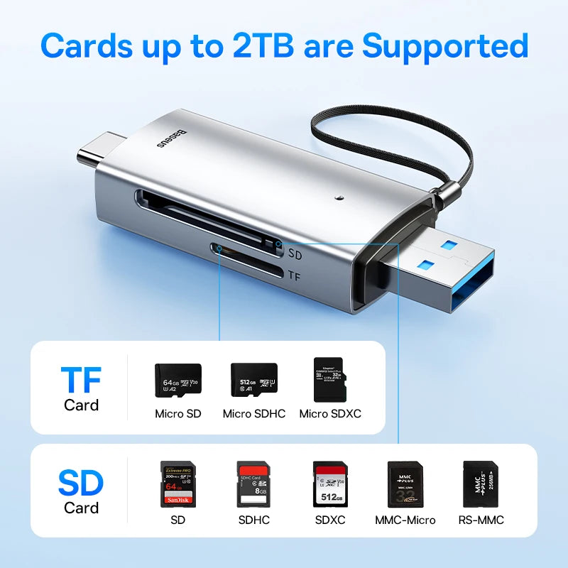Baseus Card Reader USB C & USB3.0 to SD Micro SD TF Memory Card Device 104MB/s 2TB Smart Cardreader for Laptop Accessories Pi-Mart