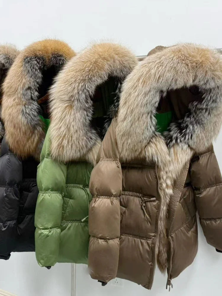 Fox Fur Jacket Women Loose Hooded White Goose Down Coat Female New Autumn Winter Thick Warm Natural Real Fur Puffer Jacket Lady LadyShow.Store