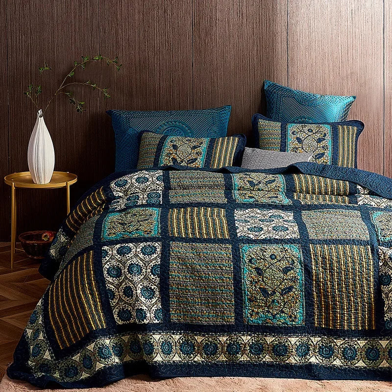 Vintage Patchwork Cotton Quilt Set 3PCS King/Queen - All-Season Thin Comforter Bedspread,Breathable Quilted Coverlet Bedding Pi-Mart