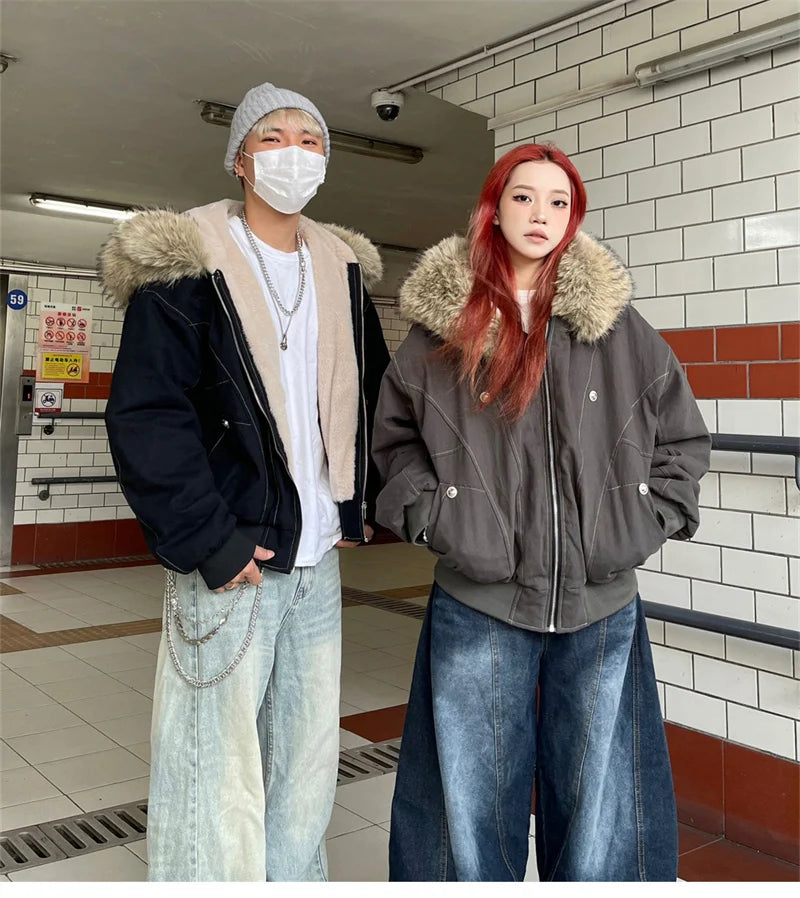 ZAROY Fur Collar Hooded Parkas Y2k Harajuku Thicken Padded Jackets Casual Zipper Gothic Women&Men Winter Coats Streetwear кур Pi-Mart